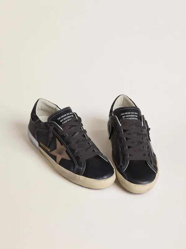 Women’s Super-Star LTD in black leather with gold leather star and black glitter heel tab online