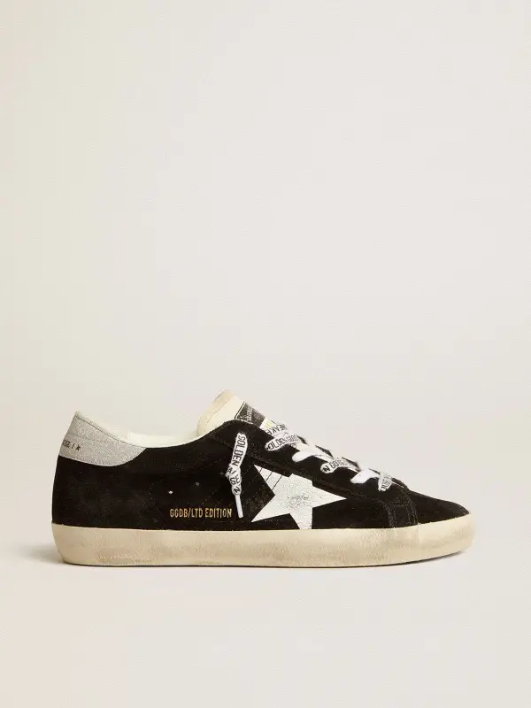 Women’s Super-Star LTD in black suede with white printed star and silver glitter heel tab online