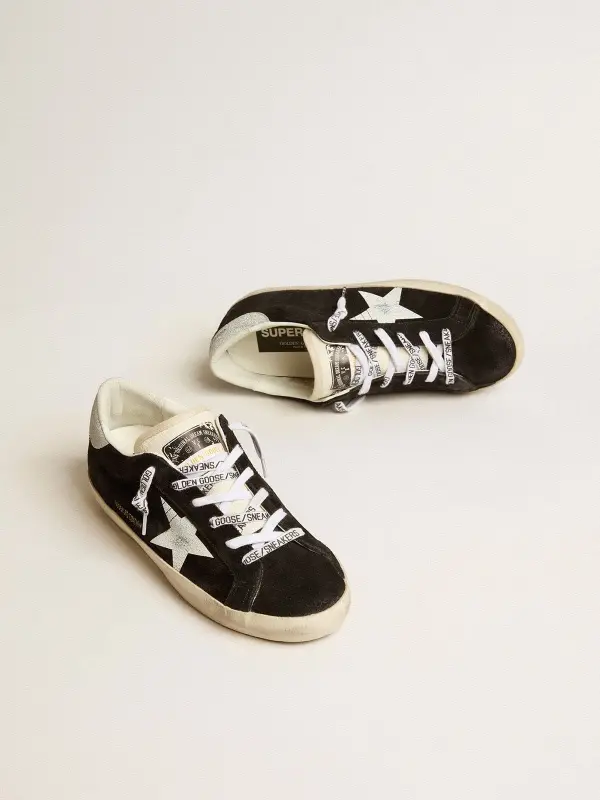 Women’s Super-Star LTD in black suede with white printed star and silver glitter heel tab online