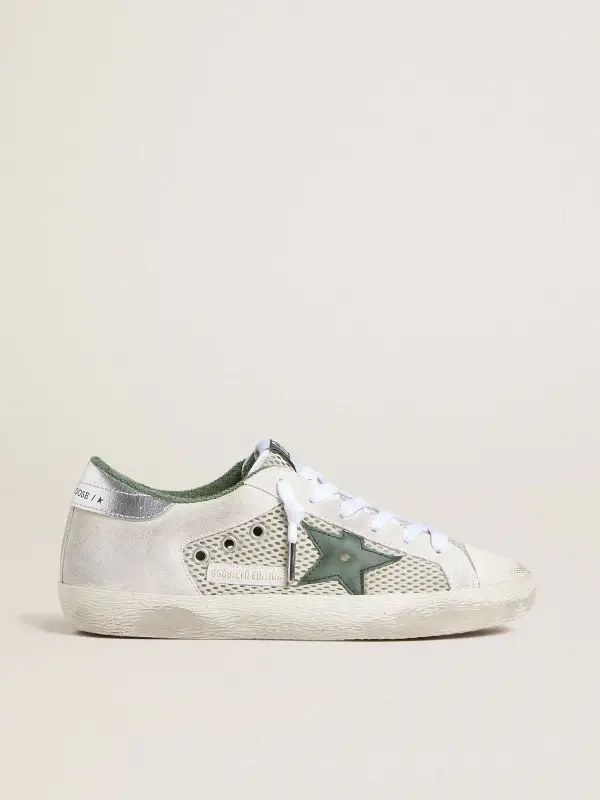 Women’s Super-Star LTD in white suede and mesh with green leather star and silver foiled leather heel tab online