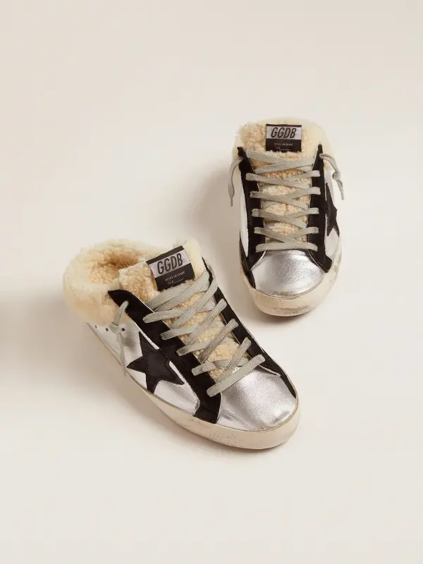 Women’s Super-Star Sabot in silver laminated leather with black star online