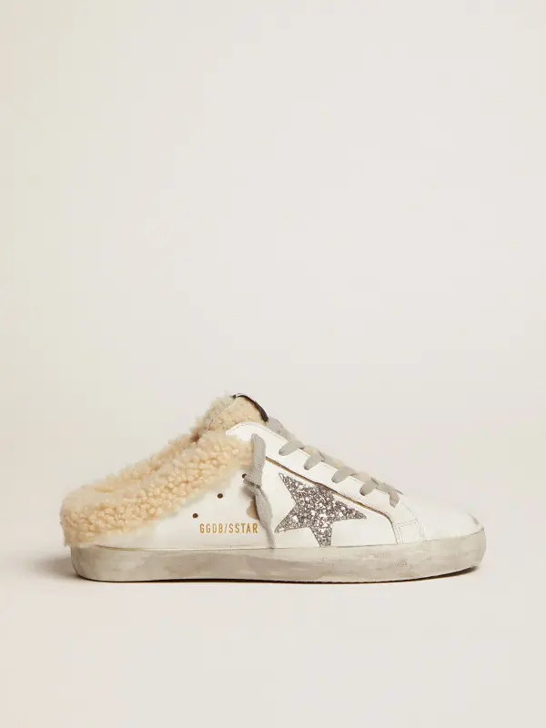 Women’s Super-Star Sabot in white leather and shearling lining online