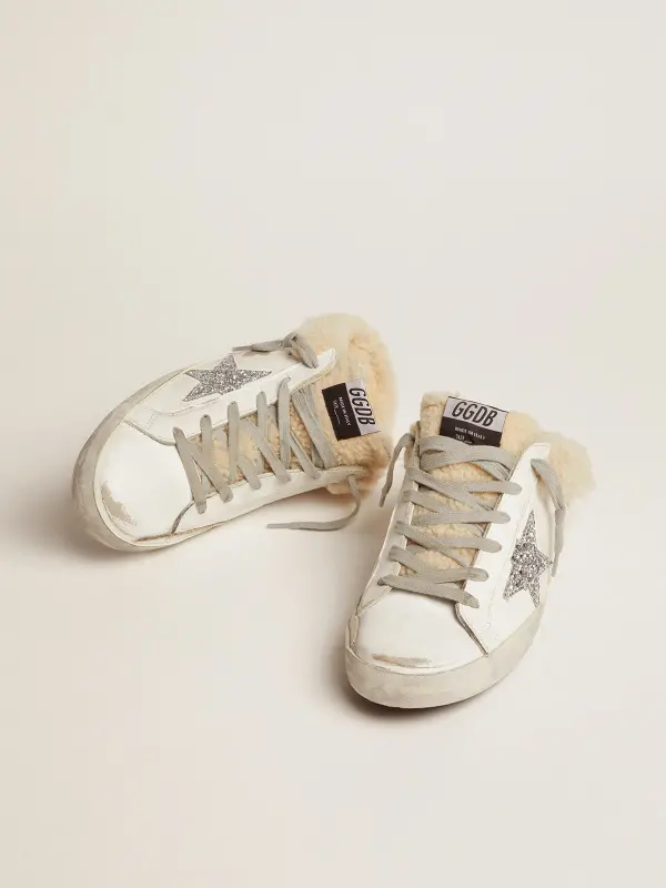 Women’s Super-Star Sabot in white leather and shearling lining online