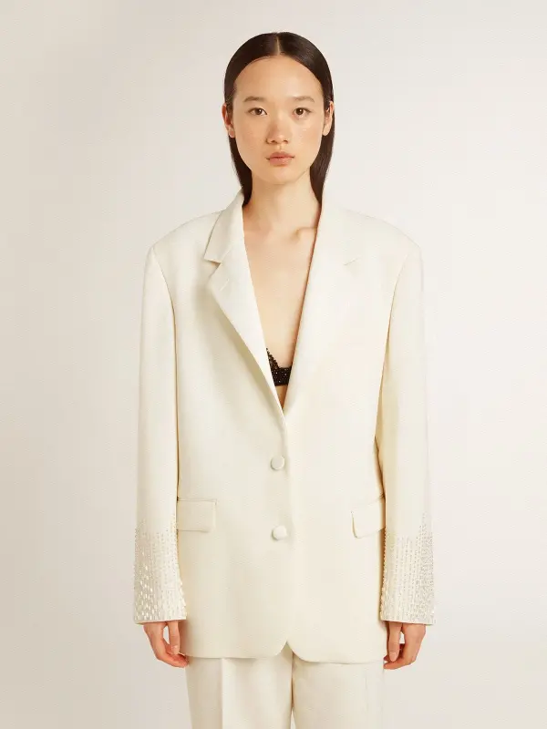 Single-breasted oversize jacket in white with silk effect and embroidery online