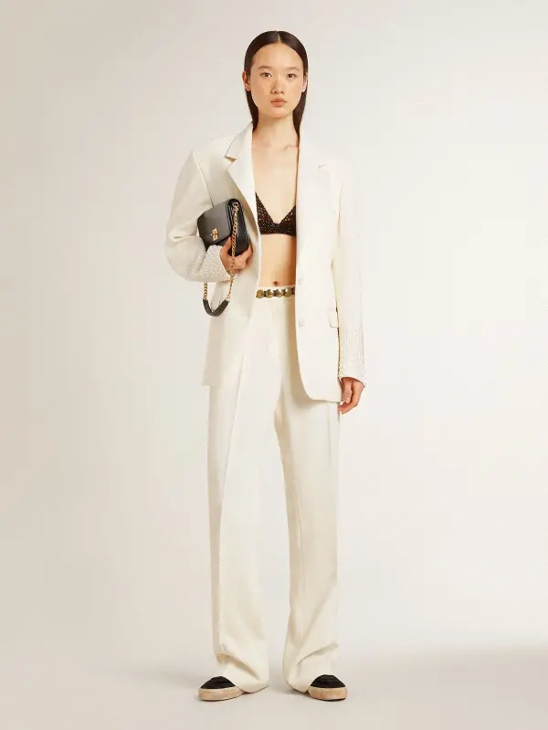 Single-breasted oversize jacket in white with silk effect and embroidery online