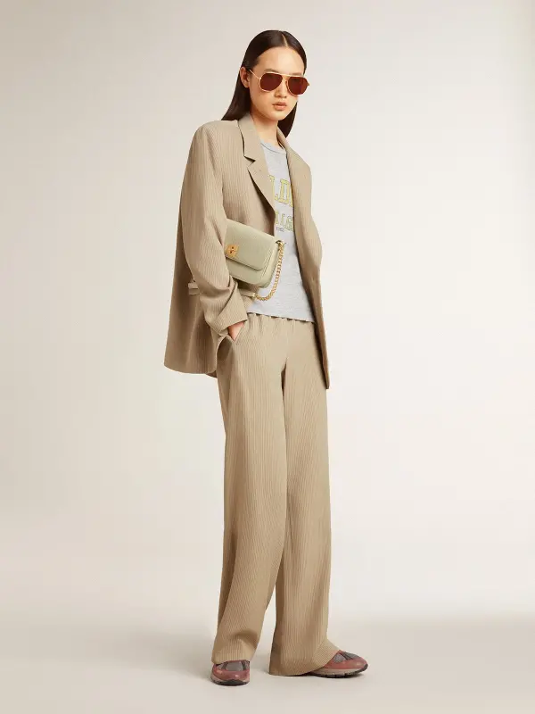 Women’s beige pinstripe single-breasted jacket with an oversized fit online
