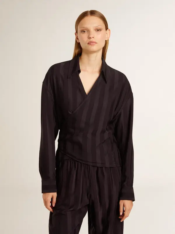 Women’s black shirt with vertical stripes and side knot closure online