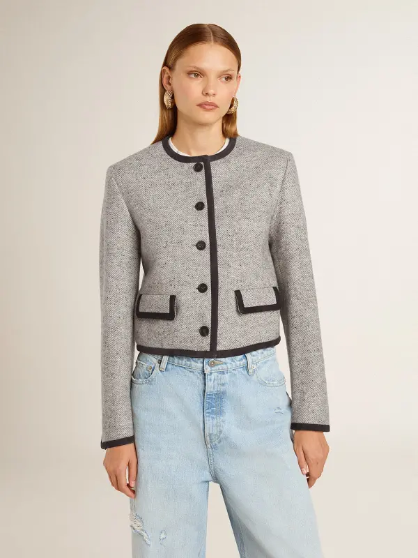 Women’s grey wool and silk jacket with black suede trim online