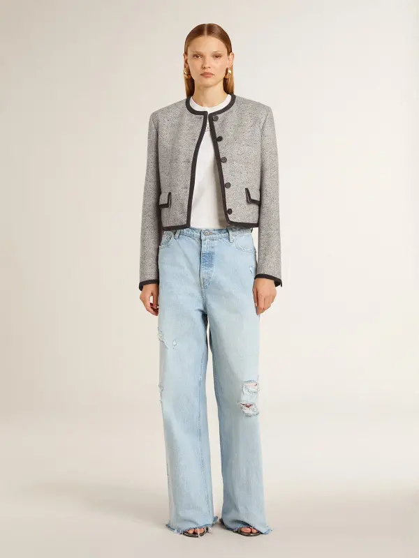 Women’s grey wool and silk jacket with black suede trim online