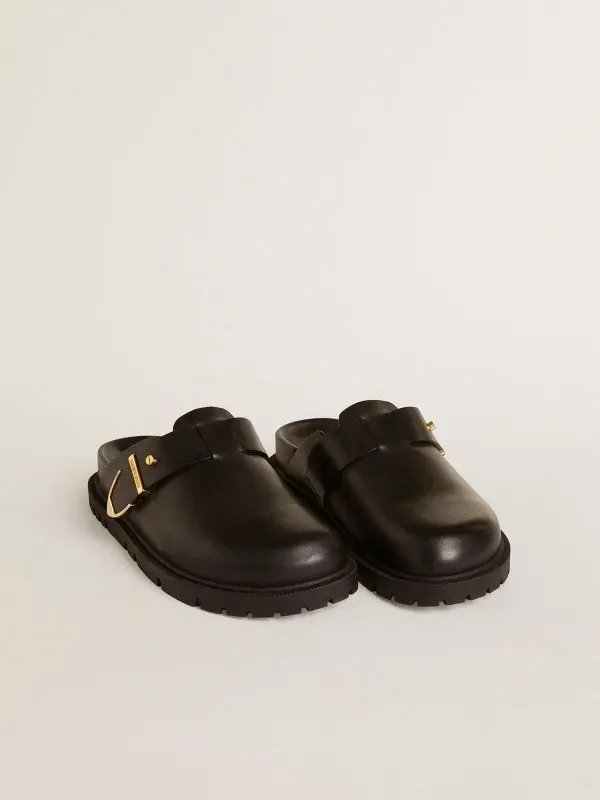 Women’s Lucy Sabot in glossy black leather with gold metal buckle online